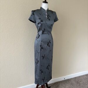 Vintage 90s Harlow Nites Petite Qipao Cheongsam Dress Gray Floral Size 8
